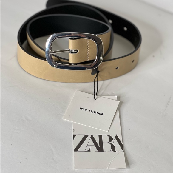 Zara Brown Taupe Beige Leather Belt Size 32 Womens Belt 100% Leather Cream New - Picture 5 of 14